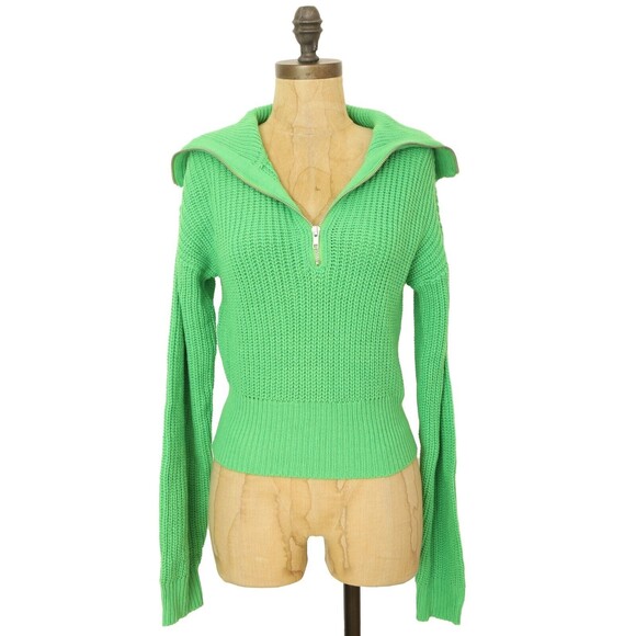 Sanctuary Half-Zip Shrunken Sweater XS Bright Green Ribbed Long Sleeve NWT B30 - Picture 2 of 6